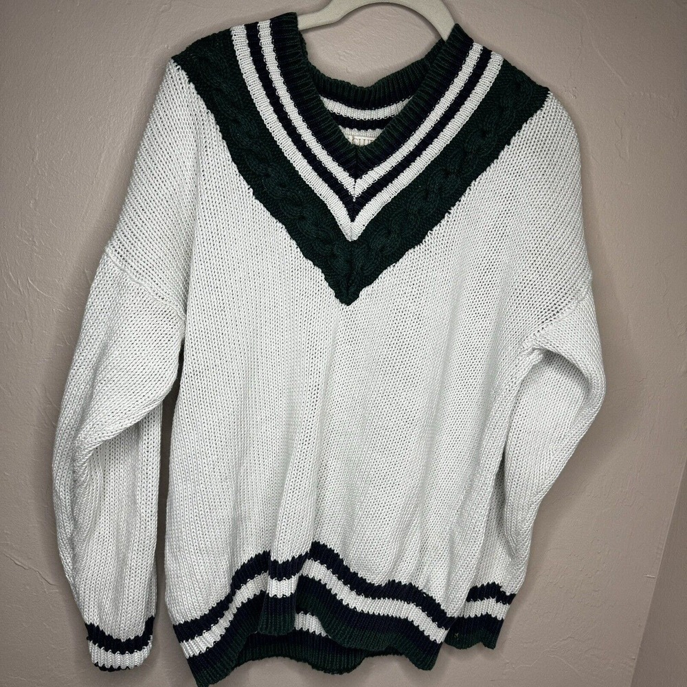 VTG Y2K Sweater Sz LG Mens Varsity Tennis Collegiate Cable‎ Knit 90s Prep Stripe